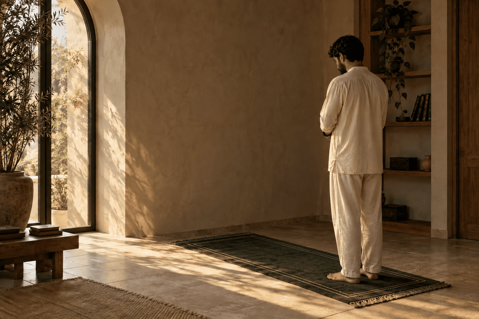 A man standing in prayer at the rear of an olive prayer mat in soft morning light