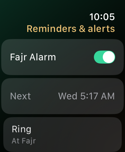 Rak’ah Fajr alarm enabled with the next alarm set for 5:17 AM