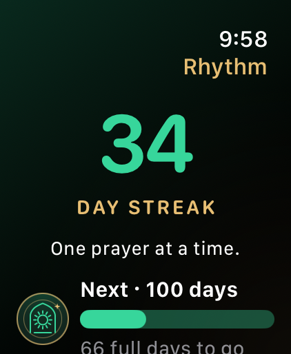 Rak’ah Rhythm on Apple Watch Ultra 4 showing a 34-day streak